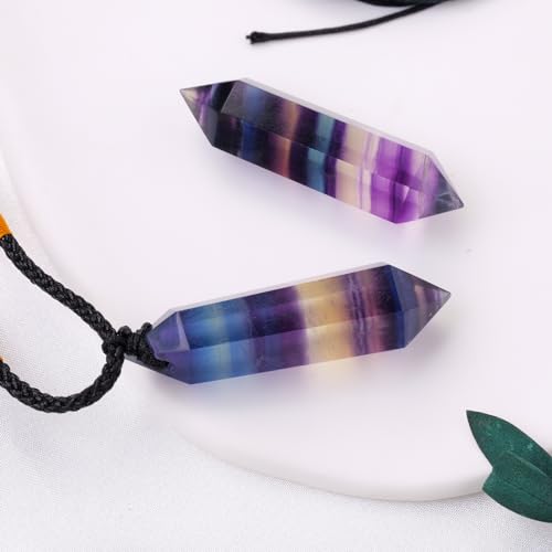 Runyangshi Rainbow Fluorite Healing Crystal Pendants, Double Pointed Natural Crystal Quartz Necklace 6 Faceted Chakra Crystal Wand Stone - color: Rainbow Fluorite