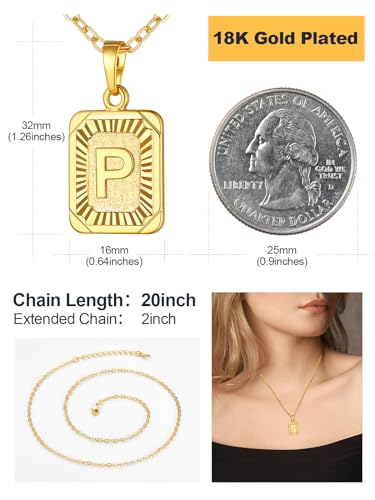 U7 Initial Necklaces for Women, Square Letter Pendant Necklace | Gold & Silver Plated A-Z Pendant | Personalized Large Monogram | 20+2" Adjustable Chain | Gift Packed for Mom Wife Friends - color: a. Gold, style: P