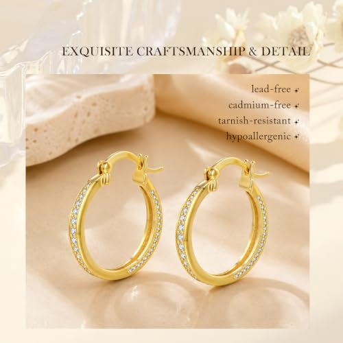 14K Gold Hoop Earrings for Women Thick Large Earrings Lightweight | Gold Plated Huggie Earrings for Women Hypoallergenic (with Gift Box) - color: CZ -25MM