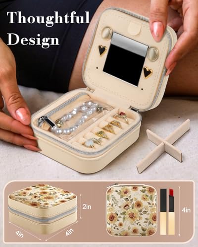 Bistup Travel Jewelry Case - Small Jewelry Organizers and Storage Box for Women Girls Teens Cute Traveling Jewelry Holder with Mirror Little Tiny Compact Modern Unique Aesthetic Pretty, Sunflower - style: Sunflower