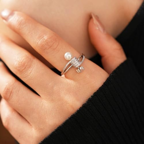 Dtja Shell Pearl CZ Barbell Statement Adjustable Ring for Women 14K Gold Plated Crystal Artificial Pearls Expandable Open Wrap Finger Rings Fashion Wedding Promise Engagement Jewely Gift