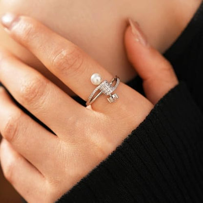 Dtja Shell Pearl CZ Barbell Statement Adjustable Ring for Women 14K Gold Plated Crystal Artificial Pearls Expandable Open Wrap Finger Rings Fashion Wedding Promise Engagement Jewely Gift