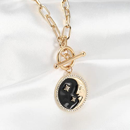 DoreenBeads 18K Gold Sun Moon Star Compass Pendant Necklace | Chunky Toggle Paperclip Chain Necklace with Heart Daisy Bee Charms for Women Girls 20 Inches - color: Man in the Moon