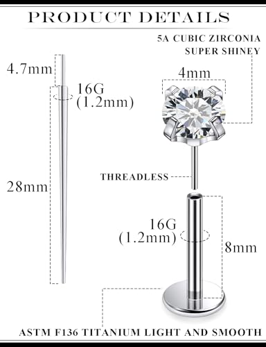 20G 18G 16G F136 Titanium Threadless Flat Back Earrings Nose Studs Tragus Forward Helix Conch Cartilage Lobe Earrings Medusa Labret Snake Bite Monroe Lip Ring Piercing Jewelry For Women Men - size: 16G-8MM Bar-CZ 4MM