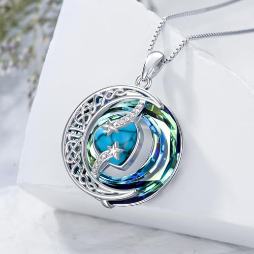 TOUPOP Birthstone Necklace Women Sterling Silver Moon Star Birthday Jewelry | Celtic Moon Pendant with Blue Crystal Anniversary Christmas Jewelry Gifts for Wife Mom Her - color: A-13-Turquoise