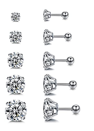 Stud Earrings Set 316L Stainless Steel Hypoallergenic Earrings for Women Men Earrings 3-7mm Cubic Zirconia Earrings Tragus Cartilage Helix Lobel Ear Studs 20G,Pack of 5 Pairs - color: A03:5Pairs(SILVER)