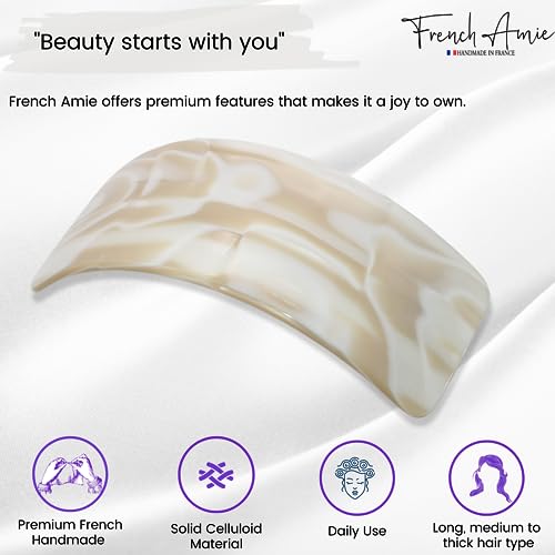 French Amie Broad Curved Oblong Ivory Cream Extra Wide Large Cellulose Acetate Automatic Volume Hair Clip Barrette with Golden Clasp for Women and Girls