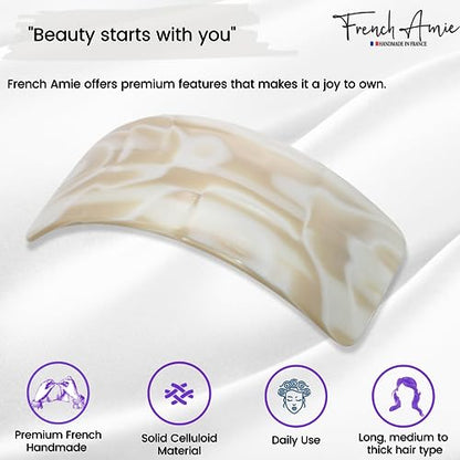 French Amie Broad Curved Oblong Ivory Cream Extra Wide Large Cellulose Acetate Automatic Volume Hair Clip Barrette with Golden Clasp for Women and Girls