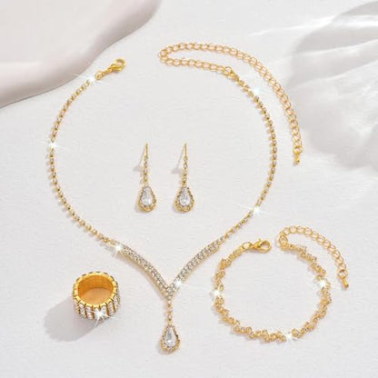 Bridal Wedding Jewelry Set Silver Rhinestone Necklace Earrings Sets Formal Costume Jewelry for Women and Brides - color: C-4 Pack Gold Necklace Bracelet Rings Earrings