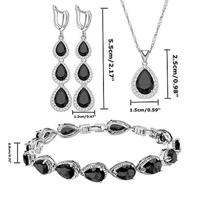 LMXXVJ Necklace Long Earrings Bracelet Set, White Gold Plated Created Blue Sapphire Jewelry Set Wedding Party Gift Jewelry for Women Bridal Bridesmaid - color: Black