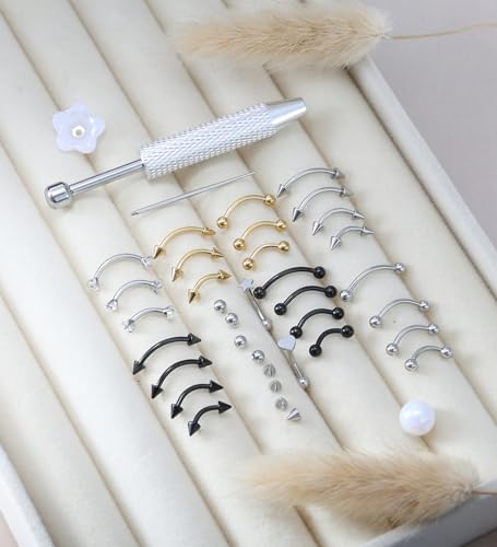 Suotarn 47pcs 16G Stainless Steel Eyebrow Piercing Rings Clear CZ Curved Barbell Helix Daith Rook Earrings Piercing Body Jewelry for Women Men - style: 37pcs mix