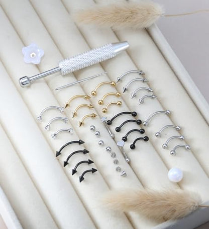 Suotarn 47pcs 16G Stainless Steel Eyebrow Piercing Rings Clear CZ Curved Barbell Helix Daith Rook Earrings Piercing Body Jewelry for Women Men - style: 37pcs mix