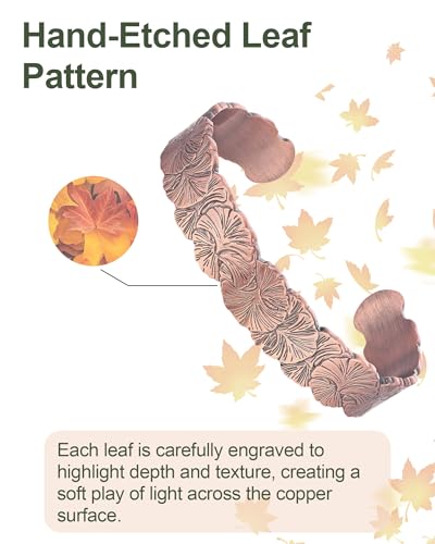 Pure Copper Bracelet – Copper Bracelet for Men & Women – 100% Solid, Raw & Uncoated Handmade Hammered Tibetan Cuff Bangle - color: Ginkgo Leaf