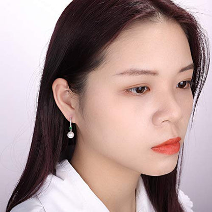 JO WISDOM 925 Sterling Silver Freshwater Pearl Hoop Earrings with Dangle Real Pearl,Simulated Pearls - color: B-8mm white pearl,green emerald