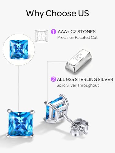 ChicSilver 925 Sterling Silver Earrings Sparkling Heart/Round/Princess Cut Birthstone Earrings for Women Birthday Jewelry with Gift Box - style: A.December(Blue Topaz)-Princess Cut