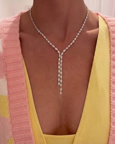 STONEFANS Long Tennis Necklaces for Women - Dainty Silver Lariat Necklace Rhinestone Y Shaped Drop Necklace Cute Choker Necklaces for Women Trendy Silver Prom Jewelry Gifts - color: Silver-Oval Y