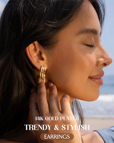 MILACOLATO 925 Sterling Silver Dangle Earrings for Women Hypoallergenic | Trendy 14K Gold Plated Triple Huggie Hoop Earrings Dainty Chain Drop Cubic Zirconia Earring Statement Hoops Fashion Jewelry - color: 3 Arrows