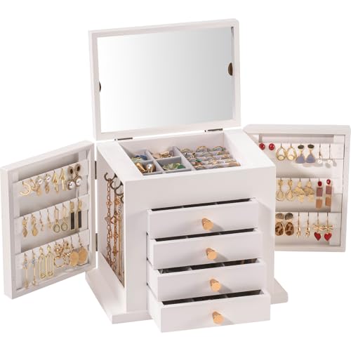 ProCase Large Jewelry Box, 5-Layer Wooden Jewelry Boxes for Women, Jewellery Holder Organizer Storage Case with Mirror for Earrings Necklace for Dresser -White - color: White, size: 5-Layer