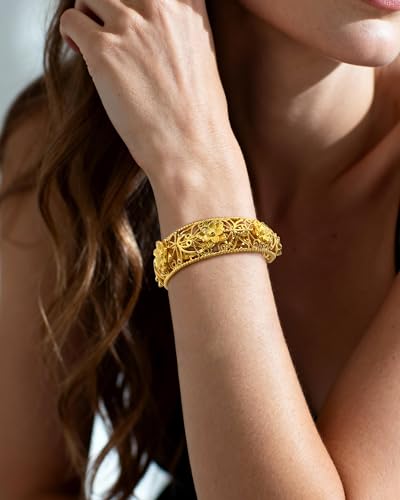 Intricate Floral Pattern Cuff Bracelet for Women - Sterling Silver Bangle, Bohemian Chunky Wide Bracelet Silver & Gold - color: Gold-B