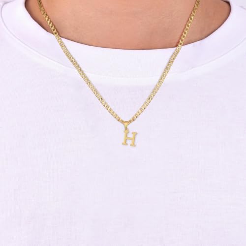 Gold Plated Initial Necklace for Men Letter Pendant Cuban Link Chain | Stainless Steel 4mm 20 Inch Chain Non Tarnish 14K A-Z Capital Name Charm Custom Jewelry Gift - color: H