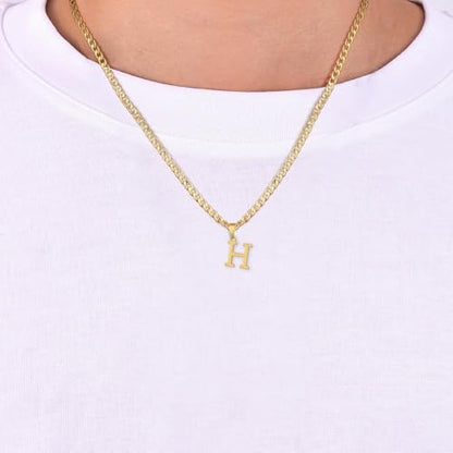 Gold Plated Initial Necklace for Men Letter Pendant Cuban Link Chain | Stainless Steel 4mm 20 Inch Chain Non Tarnish 14K A-Z Capital Name Charm Custom Jewelry Gift - color: H