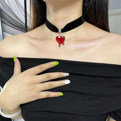 TKHLT Dropping Blood Heart Choker Necklace Y2k Black Velvet Red Heart Pendent Choker Vampire Jewelry Gift for Women