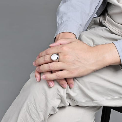 Men's Fashion Stainless Steel Oval Signet Ring Big Wide Solid Biker Band Polished Comfort Fit Silver/Gold/Black - color: Silver