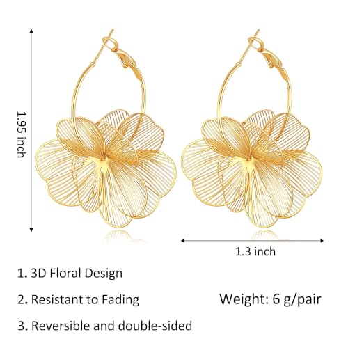 Dangle Flower Earrings for Women, 14K Gold Plated Lightweight Hollow Wire Statement Trendy Floral Hoop Earrings Jewelry Hypoallergenic
