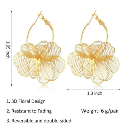 Dangle Flower Earrings for Women, 14K Gold Plated Lightweight Hollow Wire Statement Trendy Floral Hoop Earrings Jewelry Hypoallergenic