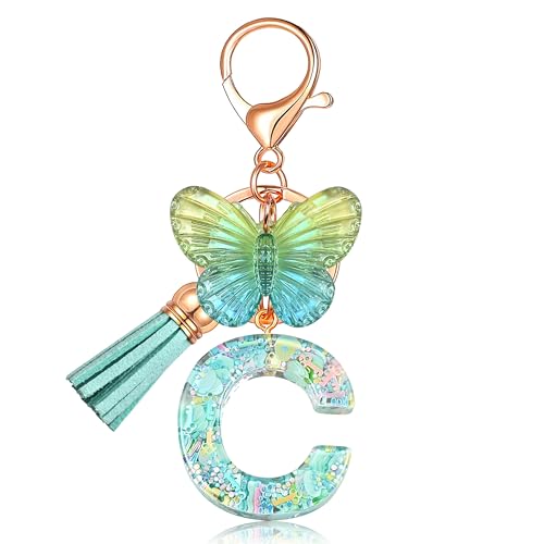 JINGUAZI Butterfly Initial Letter Keychain Bag Charms for Women | Cute pendant accessories for purses, handbags, backpacks, car keys, small gift for her young women, mothers, teachers - color: C-green