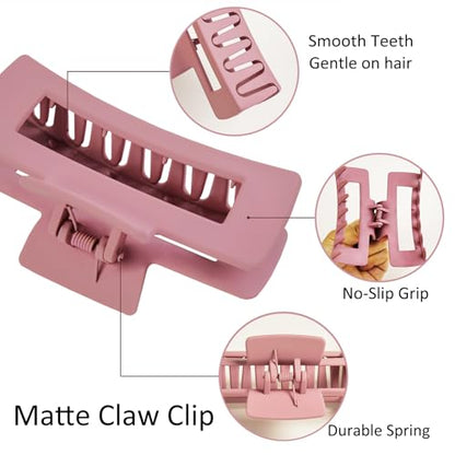 8pcs Claw Clips and Hair Scrunchies Set – 4 Square Hair Clips for Women, Medium Non-Slip Matte, 4 Large Satin Scrunchies, Hair Accessories for Thick Thin Hair, Party, Daily Use – Dusty Pink - color: Dusty Mauve Rose
