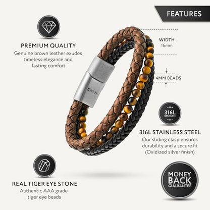 RTZN® Brown Leather Bracelet for Men – Premium Artisan Handcrafted Mens Leather Bracelet – Multi-Stand Mens Bracelet Leather Collection | Beaded Tiger Eye, Silver Chain, and Braided Brown Leather - color: Multi-Strand, size: Small
