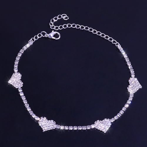 Fesciory Silver Ankle Bracelets for Women, Adjustable Rhinestone Pendant Tennis Anklet, Butterfly Heart Infinite Diamond Summer Beach Foot Chain Jewelry Gifts - style: Solid Heart3