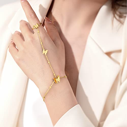 Emibele Gold Bracelets for Women, 18K Gold Plated Hand Chain, Cubic Zirconia Stainless Steel Non Tarnish Hand Chain Bracelet with Finger Ring, Adjustable Trendy Jewelry Valentines Day Gifts for Women - style: Butterfly Pendant