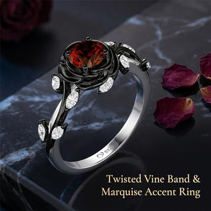 Jeulia Gothic Thorn Rose Ring, Round Cut Red Gemstone Engagement Ring, Two-Tone Black & Silver Statement Ring, S925 Sterling Silver Floral Promise Jewelry for Women