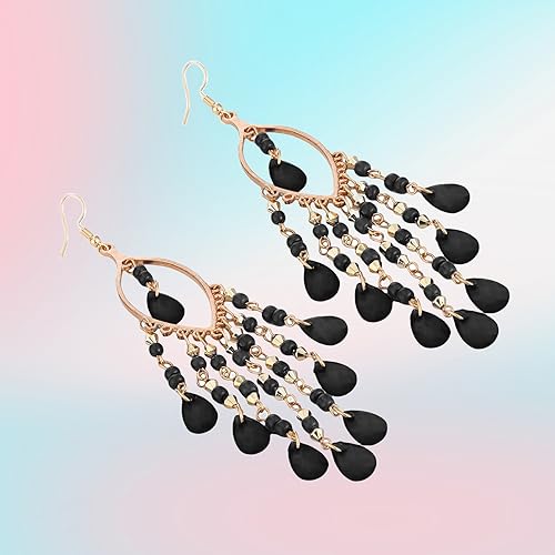 Essencedelight Crystal Beaded Tassel Earring Long Beaded Dangle Earring Fringe Hook Earring for Women Bridal Wedding - color: black