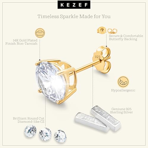 KEZEF Sterling Silver Stud Earrings for Women & Men - 4-Prong Setting Cubic Zirconia Earrings Studs - Premium CZ S925 Hypoallergenic - Available in 14K White and Yellow Gold, Rose Gold - 3mm to 9mm - color: 14K Yellow Gold, size: 7mm - Noticeable