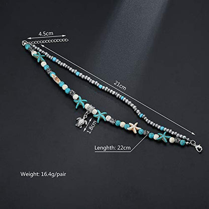 Softones Blue Starfish Turtle Anklet Multilayer Charm Beads Sea Handmade Boho Anklet Foot Jewelry for Women - style: A:Turtle 1