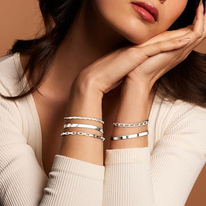 Dainty Gold Bracelet for Women Trendy Non Tarnish, Thin Bracelets Stackable Set with Bangle Cuff, Box, Herringbone, Paperclip, Figaro, Sparkling Link Chains Waterproof, Simple Jewelry Gifts for Women - color: style 03-silver