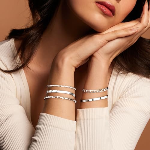 Dainty Gold Bracelet for Women Trendy Non Tarnish, Thin Bracelets Stackable Set with Bangle Cuff, Box, Herringbone, Paperclip, Figaro, Sparkling Link Chains Waterproof, Simple Jewelry Gifts for Women - color: style 03-silver