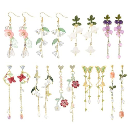 9 Pairs Flower Dangle Earrings for Women Hypoallergenic Pearl Leaf Floral Tassel Earrings Trendy Statement Long Drop Earrings Jewelry Gifts