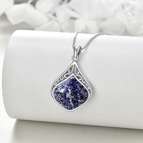 YAFEINI Teardrop Necklace Sterling Silver Filigree Irish Pendant Necklace Natural Stone Moonstone/Lapis Lazuli/Larimar/Moss Agate Necklace Jewelry - color: Light Lapis lazuli teardrop necklace