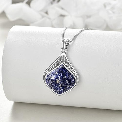 YAFEINI Teardrop Necklace Sterling Silver Filigree Irish Pendant Necklace Natural Stone Moonstone/Lapis Lazuli/Larimar/Moss Agate Necklace Jewelry - color: Light Lapis lazuli teardrop necklace