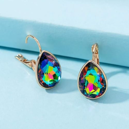 Austrian Crystal Teardrop Leverback Drop Earrings for Women | 14K Gold-Plated Finish, Sparkling Pear Stone, Smooth Bezel Frame, Secure Leverback Closure, Dainty Day-To-Evening Style - color: Vitrail Medium