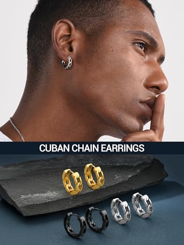 PROSTEEL Stainless Steel Huggie Hoop Earrings for Mens Gold/Black/Silver | Skull/Infinity Pattern, Spike/Cuban Links 4 Design Options Hypoallergenic Lightweight Earring Hip Hop Punk Gothic Jewelry - style: Cuban Links-Silver