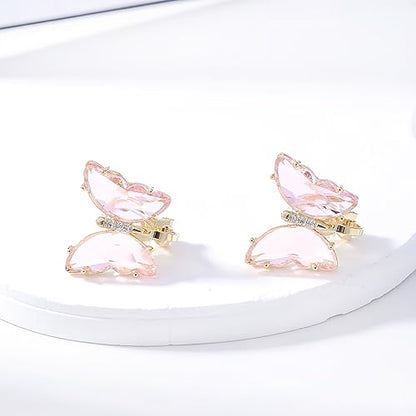 YOQUCOL Butterfly Shape Crystal Clip On Earrings Non Pierced Golden Stud for Women - color: Pink