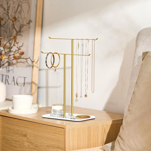 pickpiff Necklace Holder Jewelry Organizer Stand – 2‑Tier T‑Bar Jewelry Display Tree with Tray for Countertop Necklace Bracelet Earring Storage, Vanity Dresser Bathroom Sink, Gold - color: Gold