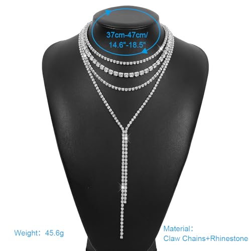 Layered Wedding Choker Rhinestone Necklace Sparkly Long Crystal Neck Chain for Women - color: Silver