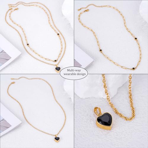 Birthstone Layered Pendant Paperclip Necklace 18k Gold Plated Heart Choker Chain Necklace Emerald Cut Jewelry Birthday Gift for Women - color: Black Heart