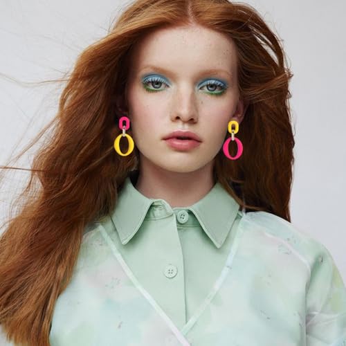 Geometric Square Earrings for Women Lightweight Colorful Color Block Acrylic Chunky Geometric Rectangle Oval Link Chain Statement Earring - style: Yellow Rose Red-O
